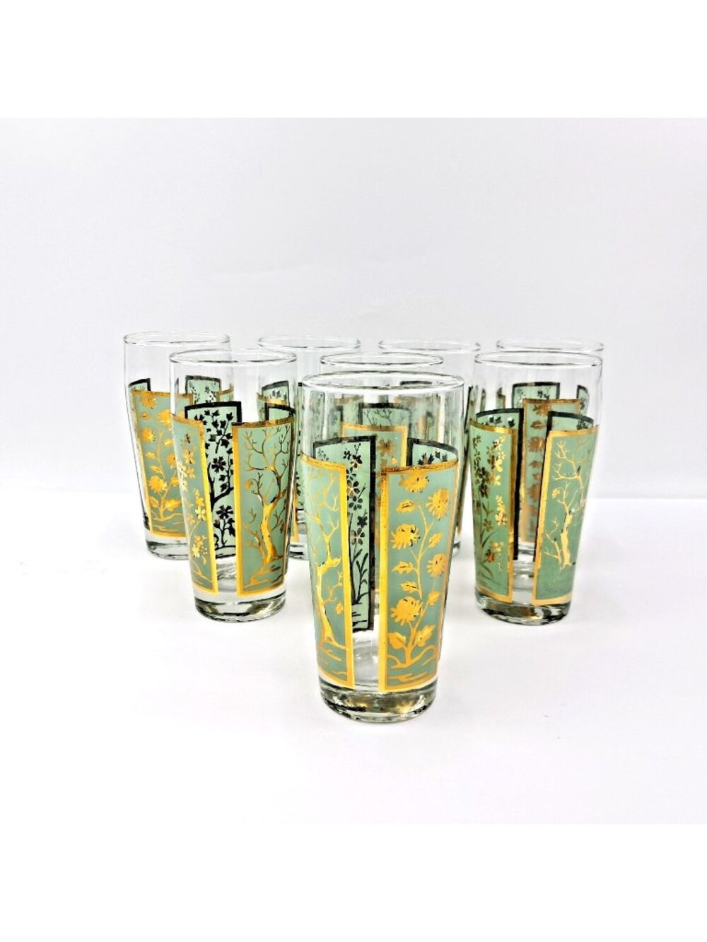 Vintage Libbey Ming Aqua 22k Gold Highball Glasses - Set of 8 MCM Tumblers